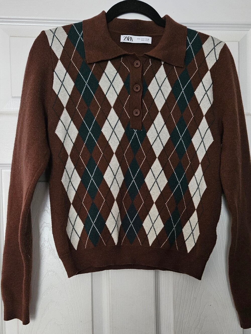 Zara Brown Argyle Collared Polo Sweater